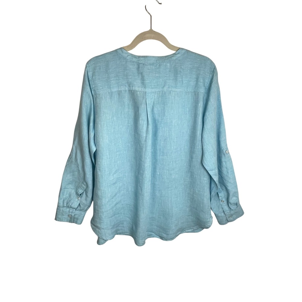 Talbots Womens XLP Blue Linen Roll Tab Sleeve Split Neck Button Tunic Top - Picture 2 of 14